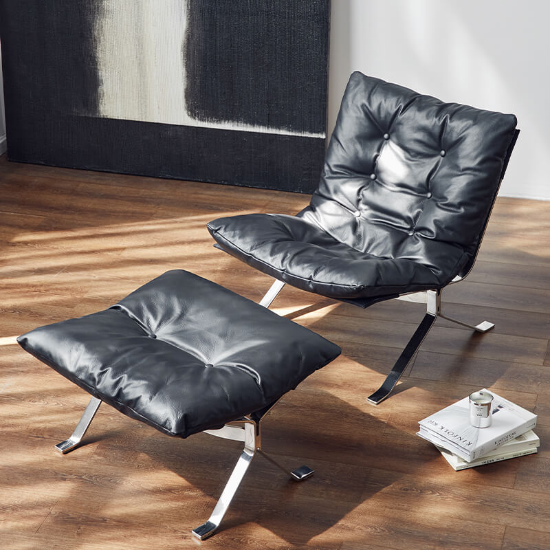 Omelette black leather lounge chair with ottoman